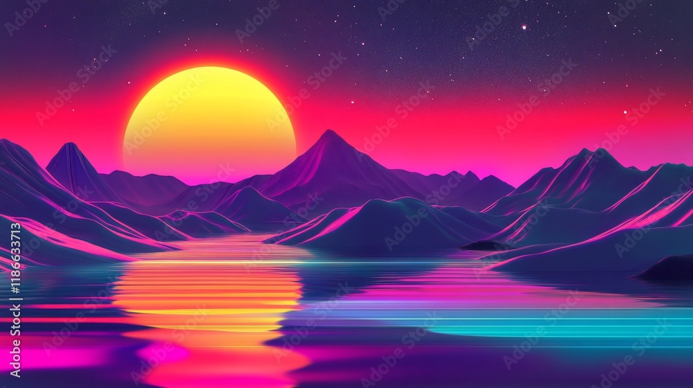 Vibrant sunset over stylized mountains reflected in calm water. Vibrant sunset over stylized mountains reflected in calm water.