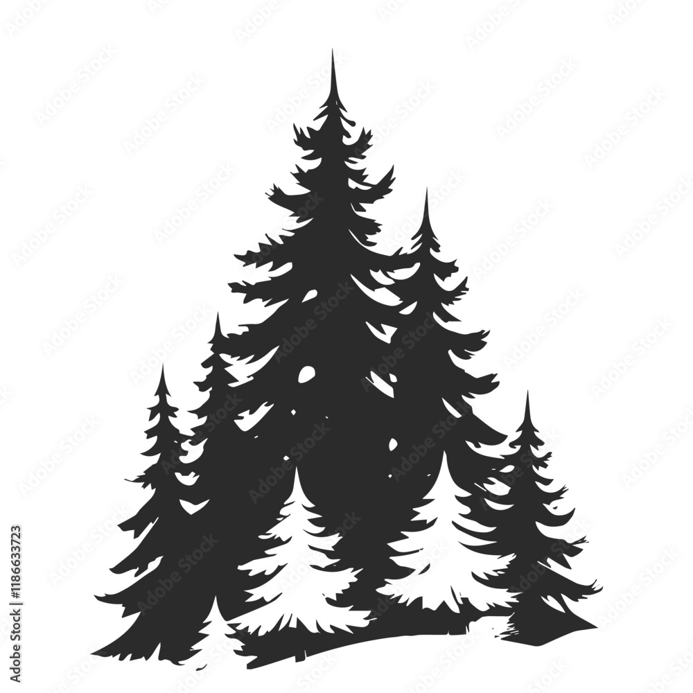 Fototapeta premium Spruce trees in the snowy forest. Vector black and white illustration.