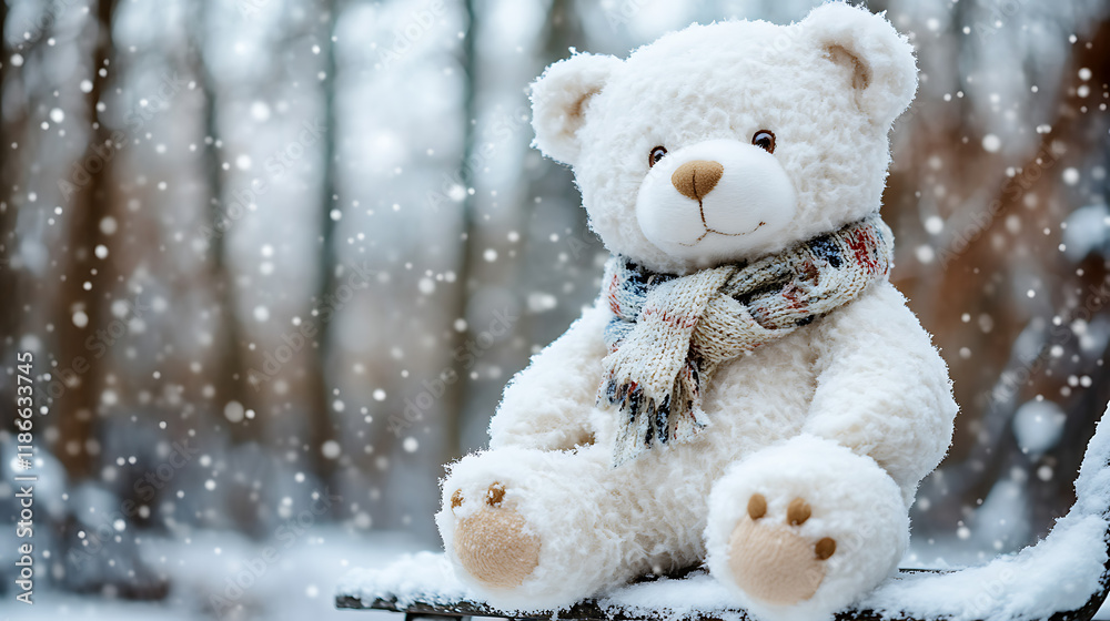 A white teddy bear with a scarf, perched on a snowy bench, with a blurred winter forest background. A white teddy bear with a scarf, perched on a snowy bench, with a blurred winter forest background.