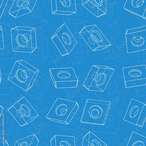Mechanical engineering drawings on blue background. Cutter, assembly tool with replaceable multi-faceted plate. Technical Design. Cover. Blueprint. Vector illustration.