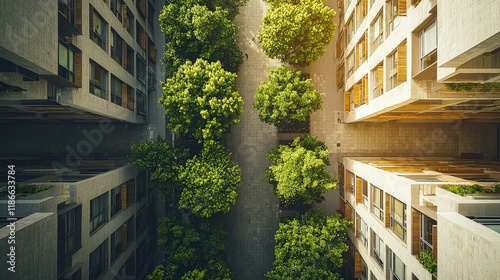 A bird's-eye view of a city with integrated green engineering solutions, including public transport systems, clean energy sources, and nature-inspired design.