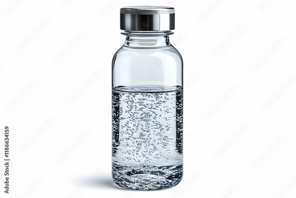 Close-up of a Clear Glass Vial Filled with a Translucent Liquid Containing Small Particles Close-up of a Clear Glass Vial Filled with a Translucent Liquid Containing Small Particles