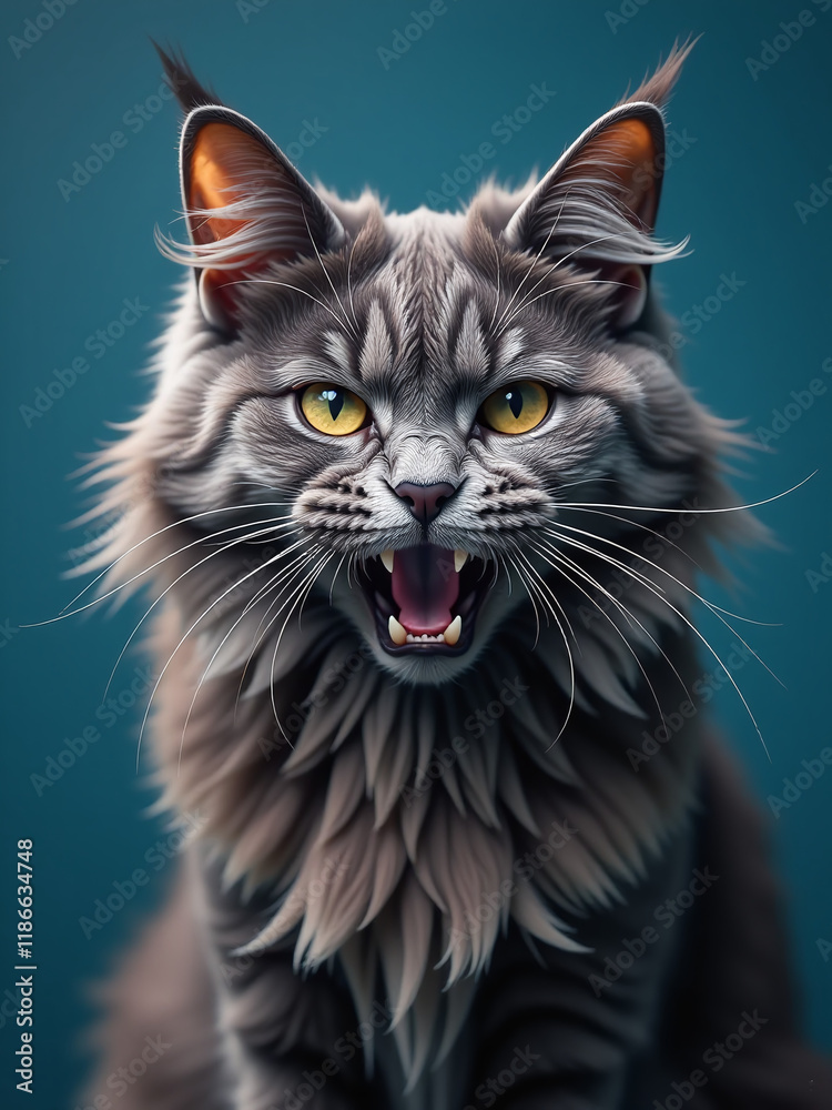 Gray Maine Coon Cat With Furious Expression Photographed Against A Blue Background Using Artificial Intelligence Generative Capabilities. 00002 Gray Maine Coon Cat With Furious Expression Photographed Against A Blue Background Using Artificial Intelligence Generative Capabilities. 00002