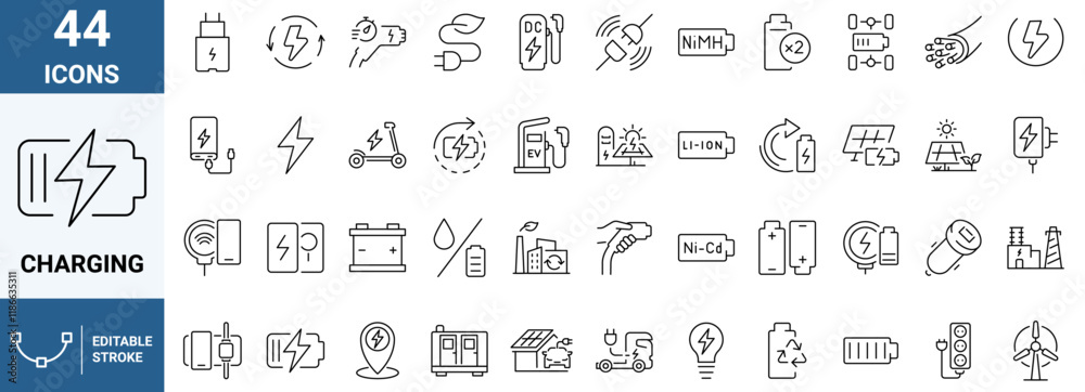 Charging web line icons. battery related. car charging station, recycling, phone charging. Collection of Outline Icons. Vector illustration. Charging web line icons. battery related. car charging station, recycling, phone charging. Collection of Outline Icons. Vector illustration.