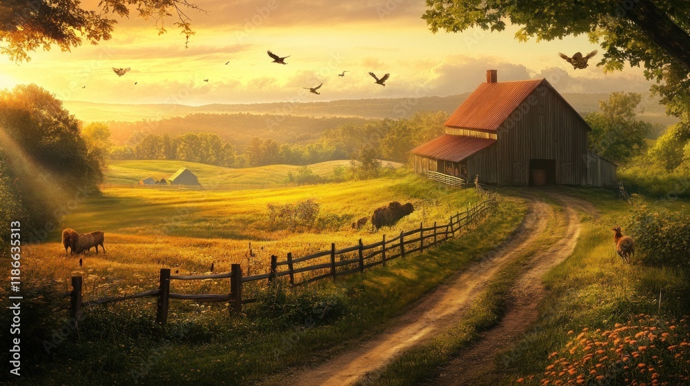 Obraz premium Countryside Barn at Golden Hour