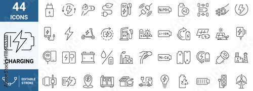 Charging web line icons. battery related. car charging station, recycling, phone charging. Collection of Outline Icons. Vector illustration.