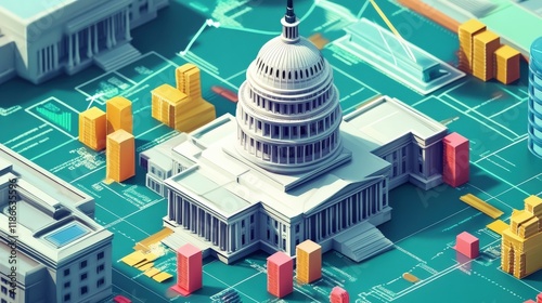 llustration of a government budget influenced by economic policy, represented by digital charts and spending categories