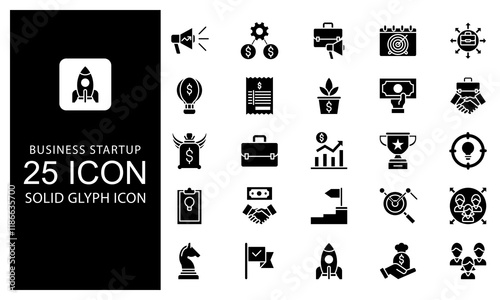 Business Startup Solid Glyph Icon vector illustration bundle. Solid Black Glyph icon Package.