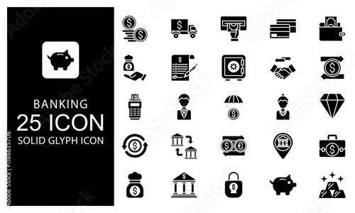 Banking Element Solid Glyph Icon vector illustration bundle. Solid Black Glyph icon Package.