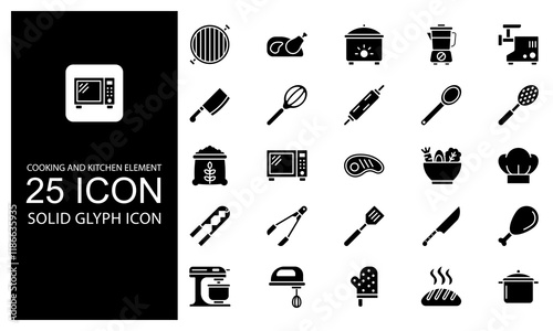 Cooking And Kitchen Element Solid Glyph Icon vector illustration bundle. Solid Black Glyph icon Package.