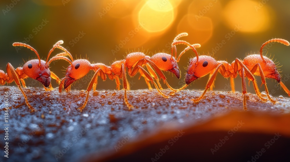 Fototapeta premium Close-up of four red ants marching in a row on a dewy surface at sunset.