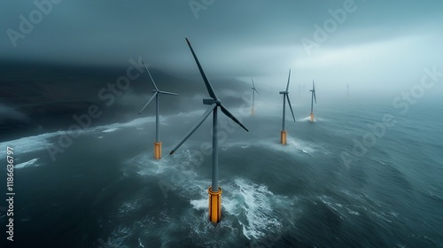 Soaring offshore wind farm harnessing the renewable energy of the churning ocean waves with sleek modern turbines dotting the dynamic seascape against a backdrop of stormy skies and sun dappled mists