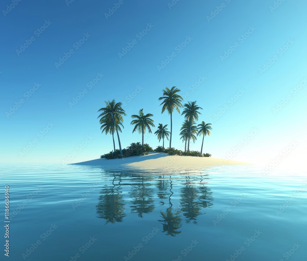 A three-dimensional depiction of a palm-tree-covered island in the tropical ocean. A three-dimensional depiction of a palm-tree-covered island in the tropical ocean.