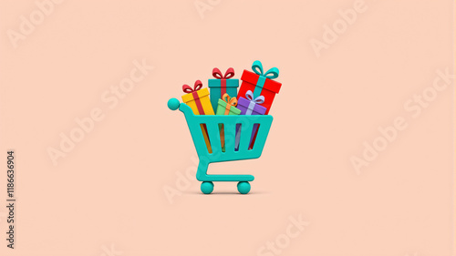 A vibrant shopping cart filled with colorful gift boxes, perfect for celebrations. photo