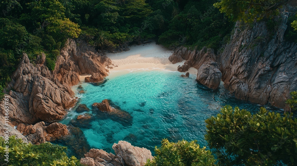 Naklejka premium Serene Tropical Cove Surrounded by Lush Greenery and Rocks