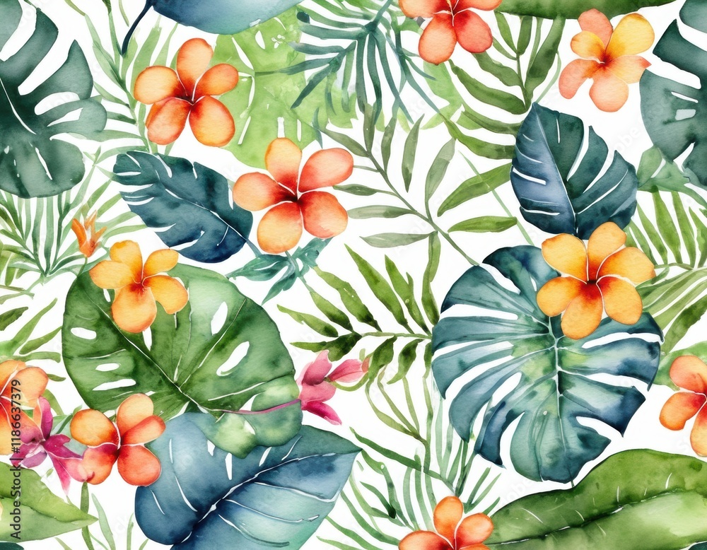 Naklejka premium A vibrant watercolor pattern featuring tropical leaves and colorful flowers, creating a lush, exotic atmosphere.