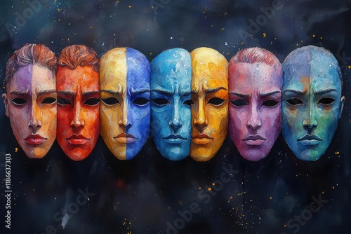 vibrant watercolor collection of ancient greek drama masks depicting various emotions from joy to sorrow, hand-painted theater face expressions photo