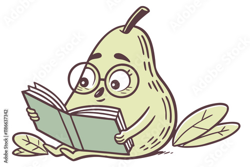 A pear wearing glasses and reading a book as a mascot logo