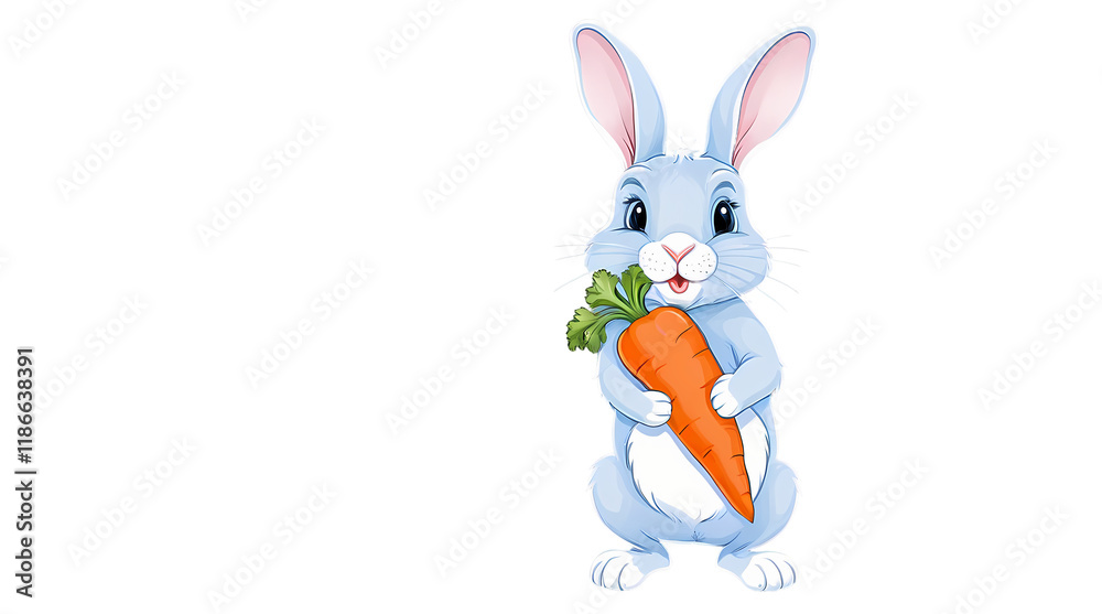 Obraz premium Cute Bunny with Carrot: A whimsical blue bunny with big eyes and a sweet smile holds a bright orange carrot, perfect for Easter or springtime illustrations. 