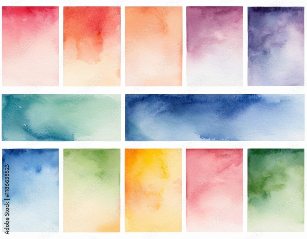 Naklejka premium A grid of 12 watercolor texture swatches showcasing soft gradients in various hues: pink, orange, blue, green, and yellow.