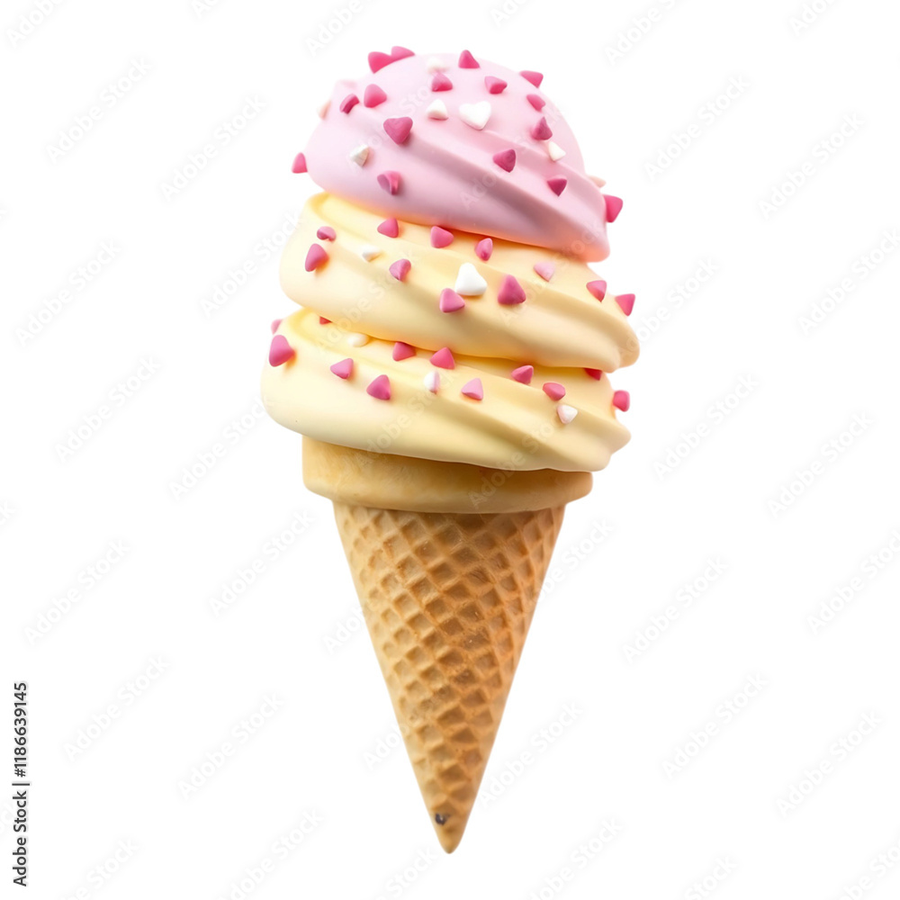 Swirled ice cream in a cone, decorated with festive sprinkles. Swirled ice cream in a cone, decorated with festive sprinkles.