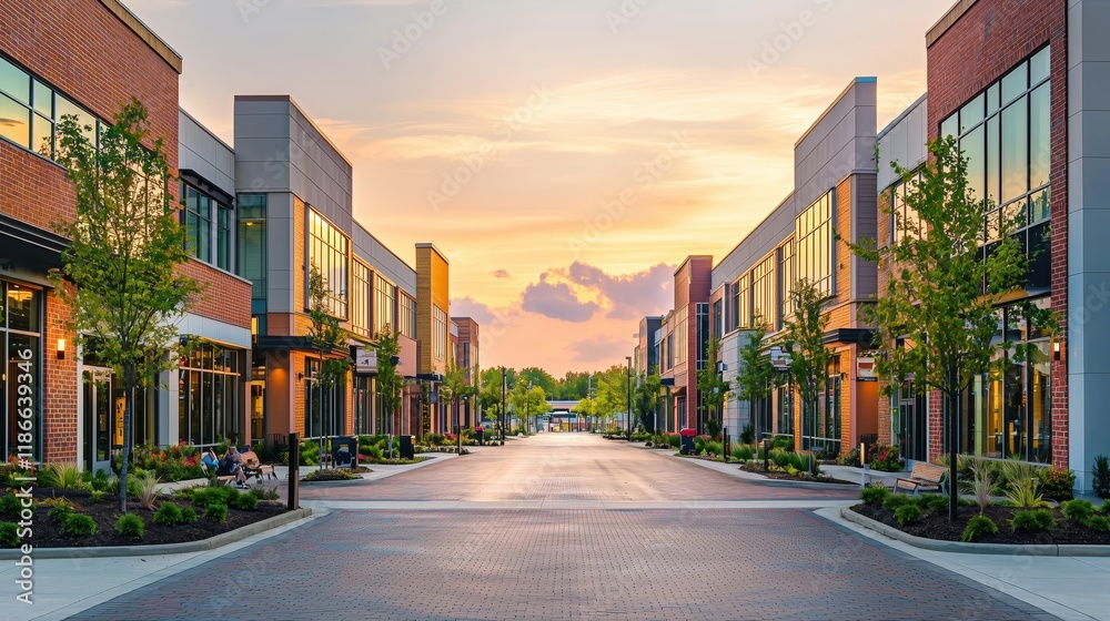 Fototapeta premium Modern Urban Shopping District at Sunset with Trees and Pathway