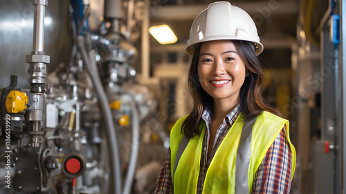 Wallpaper Mural A cheerful young woman in a helmet and safety gear smiles confidently at a construction site, surrounded by machinery and pipelines, embodying the role of a professional female engineer in the energy  Torontodigital.ca