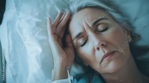 Senior woman suffering from headache while lying on hospital with eyes closed and drip in hand. Sad woman with grey hair in private clinic feeling sick. Recovering depressed mature woman in hospital. photo