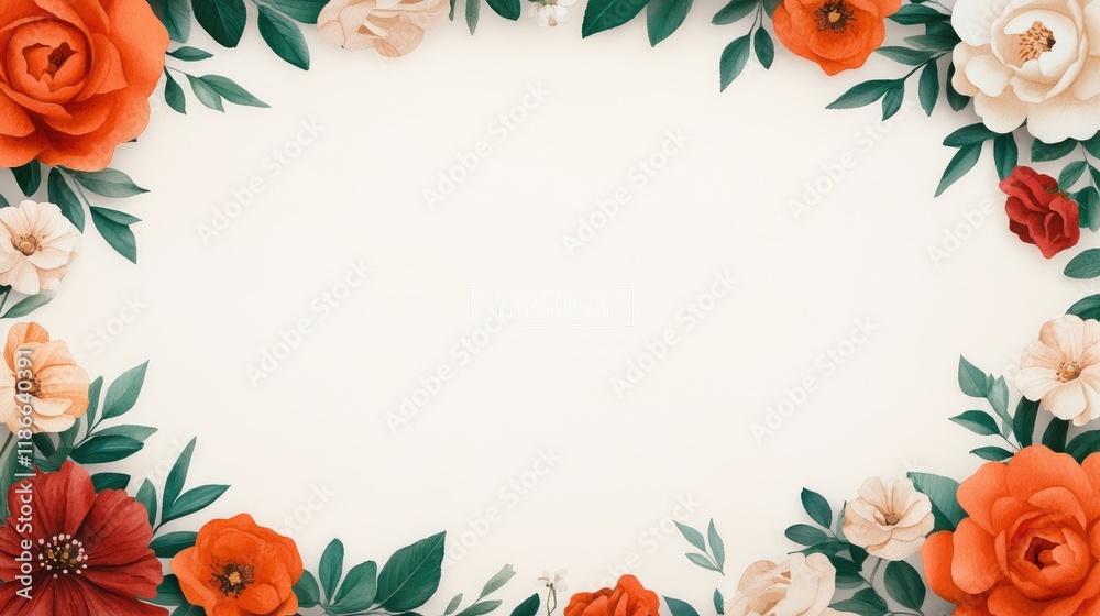 Fototapeta premium Floral frame with red, orange, and white flowers on white background.