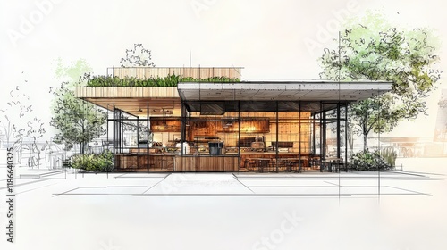 Wallpaper Mural A detailed sketch of a fast food restaurant with an environmentally-friendly facade, green roofs, energy-efficient windows, and a minimalist design offering plenty of  space. Torontodigital.ca