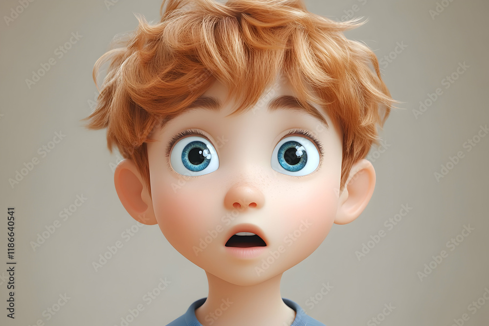 Close-up Portrait of a Surprised Young Boy with Bright Blue Eyes and Curly Red Hair: A 3D Rendered Cartoon Illustration