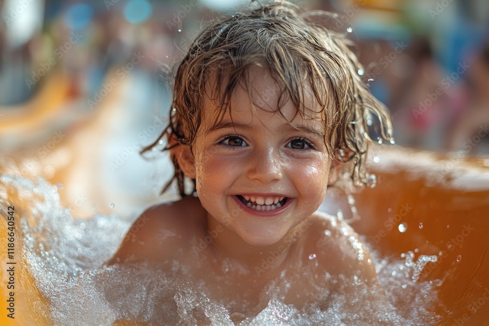 A young child sliding down a water slide on a sunny day A young child sliding down a water slide on a sunny day