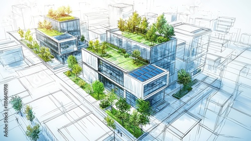Wallpaper Mural A detailed urban design sketch illustrating eco-friendly elements such as green roofs, solar panels, and energy-efficient windows, promoting sustainability in the city's architecture. Torontodigital.ca