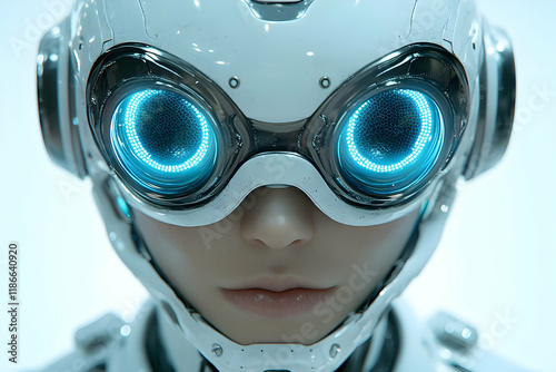 Close-up of a futuristic female android with glowing blue eyes, a white helmet, and a serene expression.  Digital art depicting a vision of advanced t photo