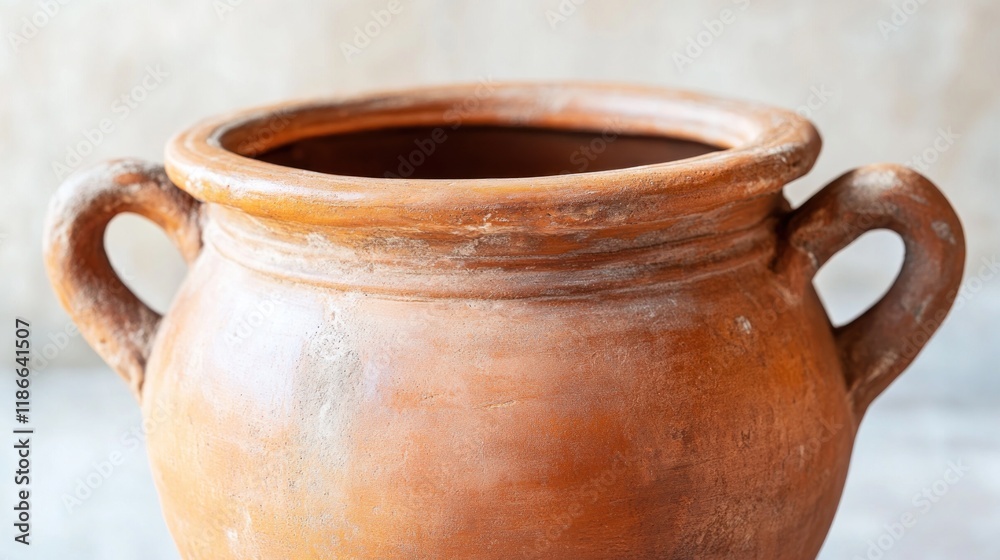 Detail of orange brown terracota pot with handles Detail of orange brown terracota pot with handles