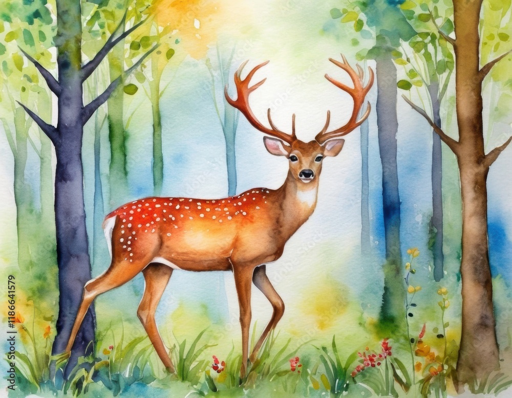 Fototapeta premium A beautiful watercolor painting of a spotted deer standing gracefully among vibrant trees in a serene forest.
