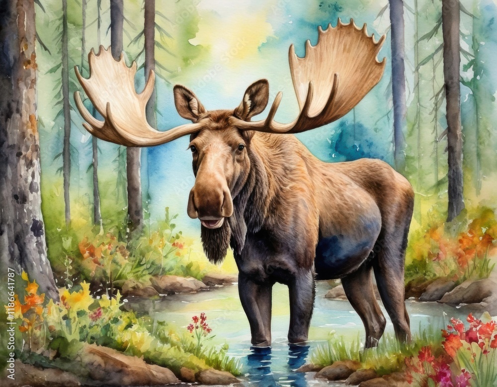 A majestic moose stands in a serene forest, water surrounding its legs, with vibrant flowers and trees in the background. A majestic moose stands in a serene forest, water surrounding its legs, with vibrant flowers and trees in the background.