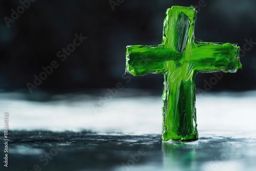 A simple and elegant green glass cross placed on a table, ideal for use in interior design, church or home decor projects photo