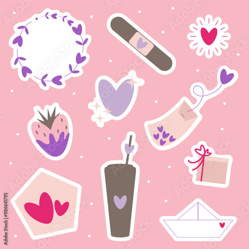 Vector flat set of Valentines day stickers with heart shape wreath frame, chocolate strawberry, patch or plaster, gift box with ribbon, house, paper ship, coffee cup, tea bag.
