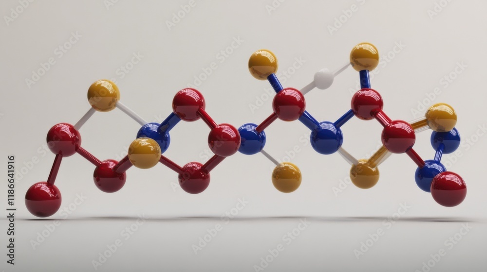 Obraz premium Molecular Structure: Abstract 3D rendering of a complex molecule, featuring vibrant red, blue, white, and gold spheres interconnected.