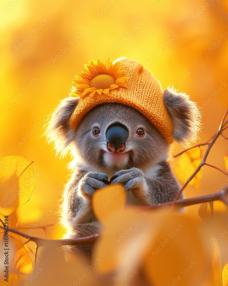 Fototapeta premium Adorable koala wearing a cute orange knitted hat adorned with a sunflower, nestled amongst autumn leaves in warm golden light. Perfect for greeting cards, children's books, or autumnal themes.