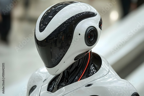 Close-up of a futuristic robot's helmet, showcasing sleek design and advanced technology.  The robot's head is mostly white with black accents and red photo