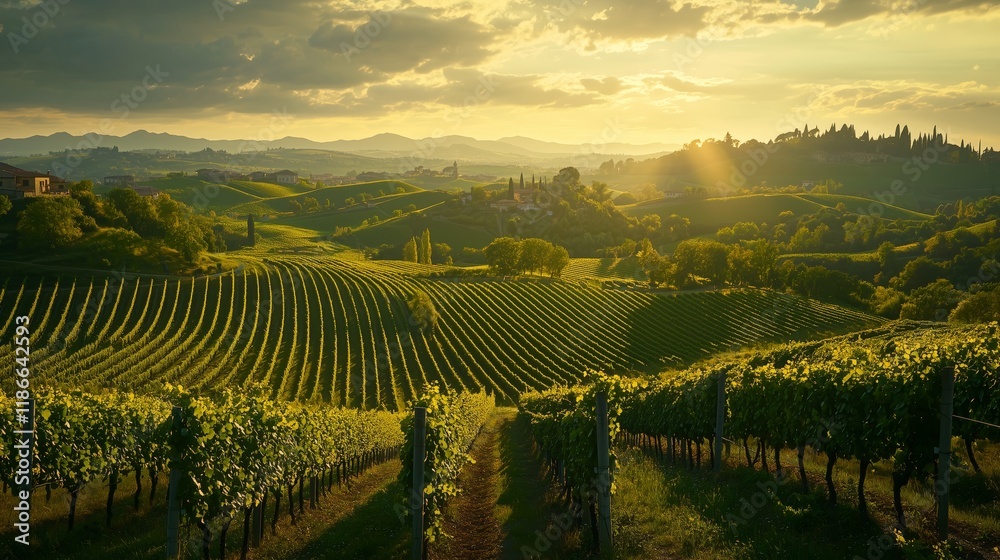 Fototapeta premium Serene Vineyard Landscape at Sunset in Tuscan Countryside