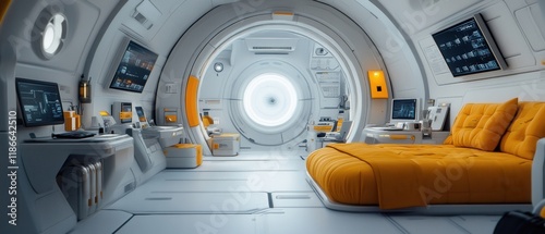 [Modern Futuristic Medical Pod Interior Design] Sleek Spacecraft Interior with Circular Window & Modern Controls