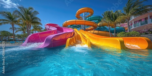 A colorful water slide in the middle of a pool, perfect for summer fun and relaxation