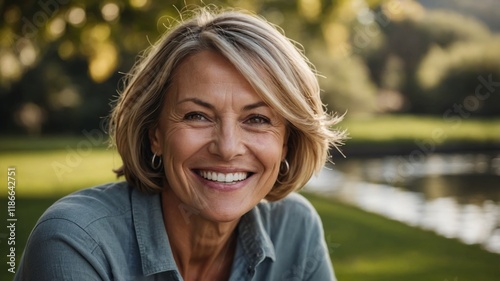 Radiant middle- aged Woman Smiling in Tranquil Setting - Perfect for Wellness, Happiness, and Lifestyle Themes