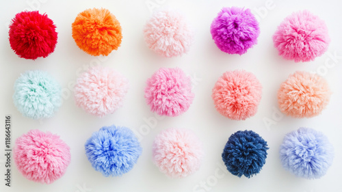Colorful Fluffy Yarn Pom Poms Craft Background Texture