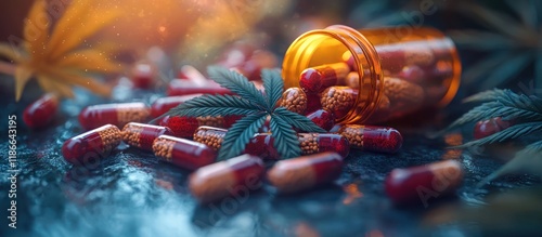 Capsules and cannabis leaves scattered on a surface. photo