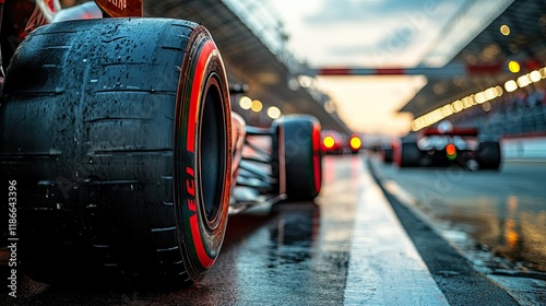Formula 1 Pit Lane: Wet Tire Close-Up at Sunset