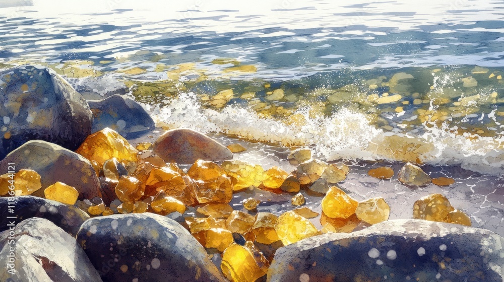Fototapeta premium Golden Pebbles on the Shoreline of a Blue Ocean